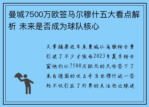 曼城7500万欧签马尔穆什五大看点解析 未来是否成为球队核心