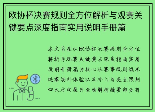 欧协杯决赛规则全方位解析与观赛关键要点深度指南实用说明手册篇